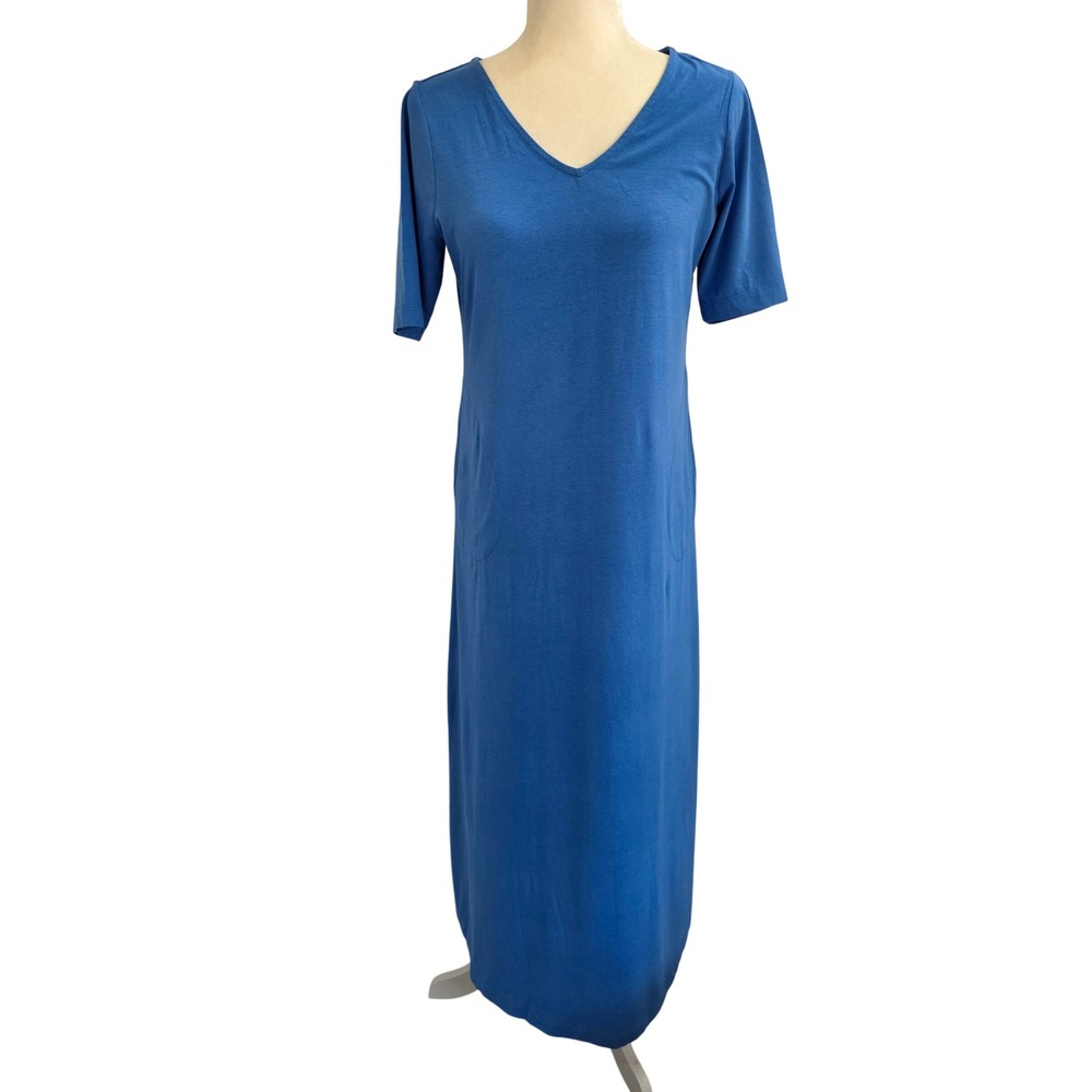 J. Jill Blue Cotton Tencel Modal V-Neck Short Sleeve Maxi Pocket Dress XS NWOT